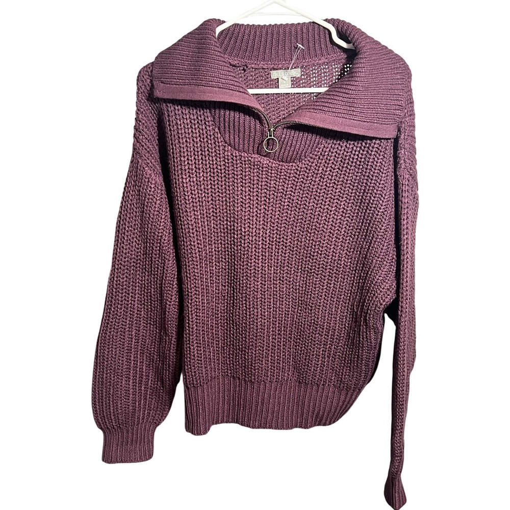 Falls Creek Women's Plum Purple Chunky Knit Quarter Zip Collared Sweater Size L